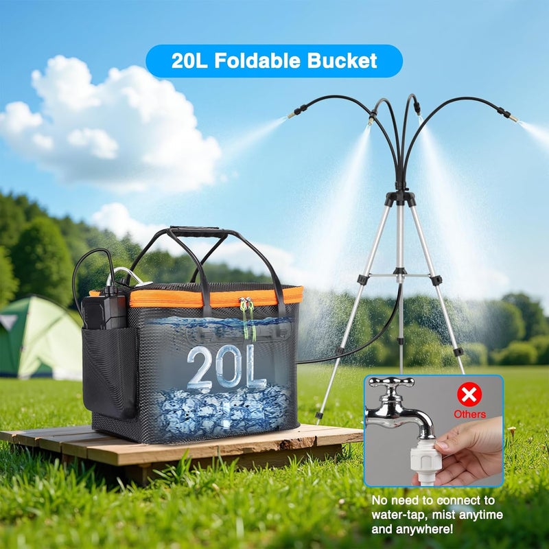 Ausic Portable Misting System with Standing, 6000mAh Water Cooling Misters Set for Outside Patio - 20L Bucket, 4.9FT(59IN) Adjustable Height for Outdoor, Beach, Pool, Water Playing, Sprinkler, Camping - Image 2